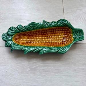 Vintage Retro Ceramic Corn On The Cob Server Plate Green and Yellow
